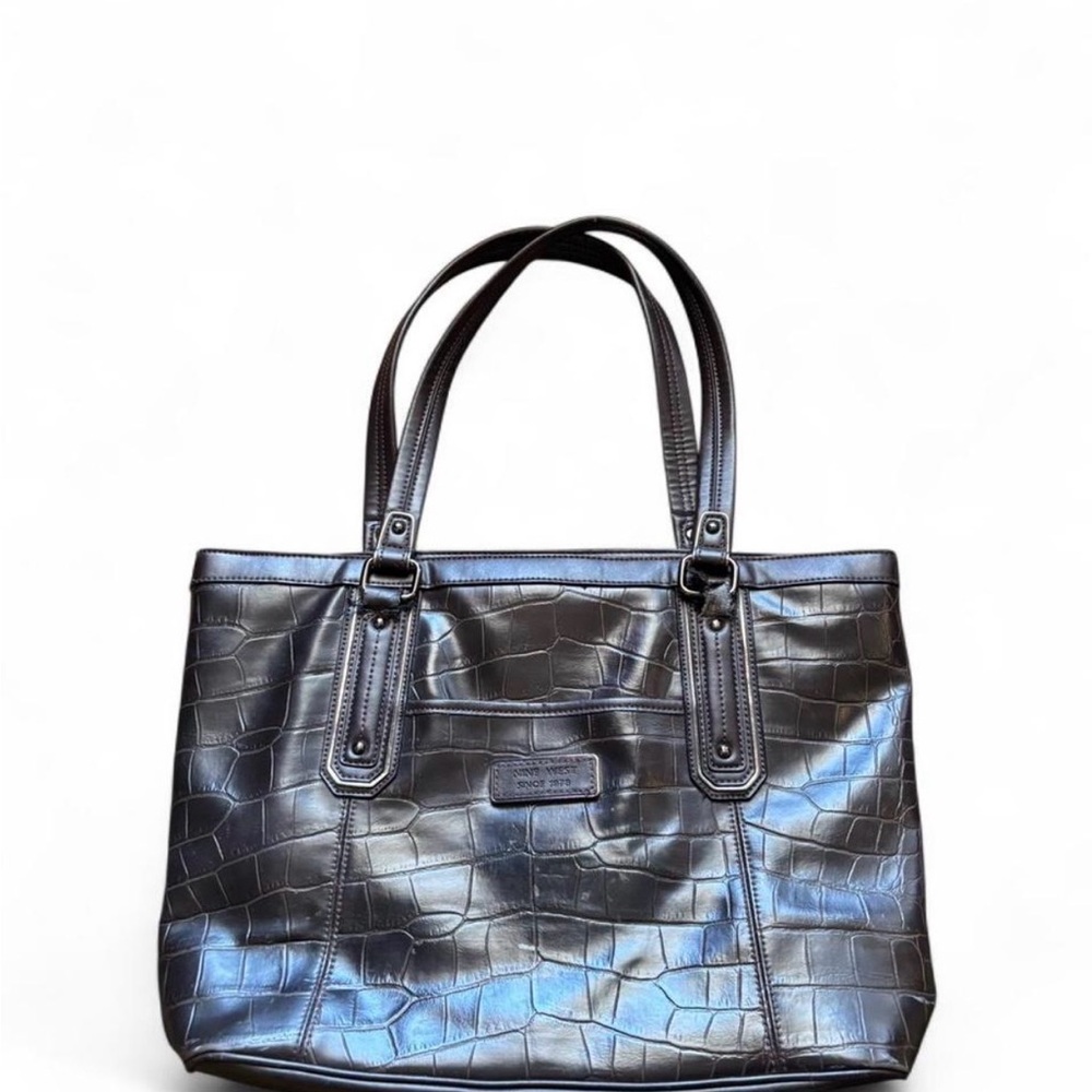 Croc-Embossed Leather Tote Bag in Dark Brown